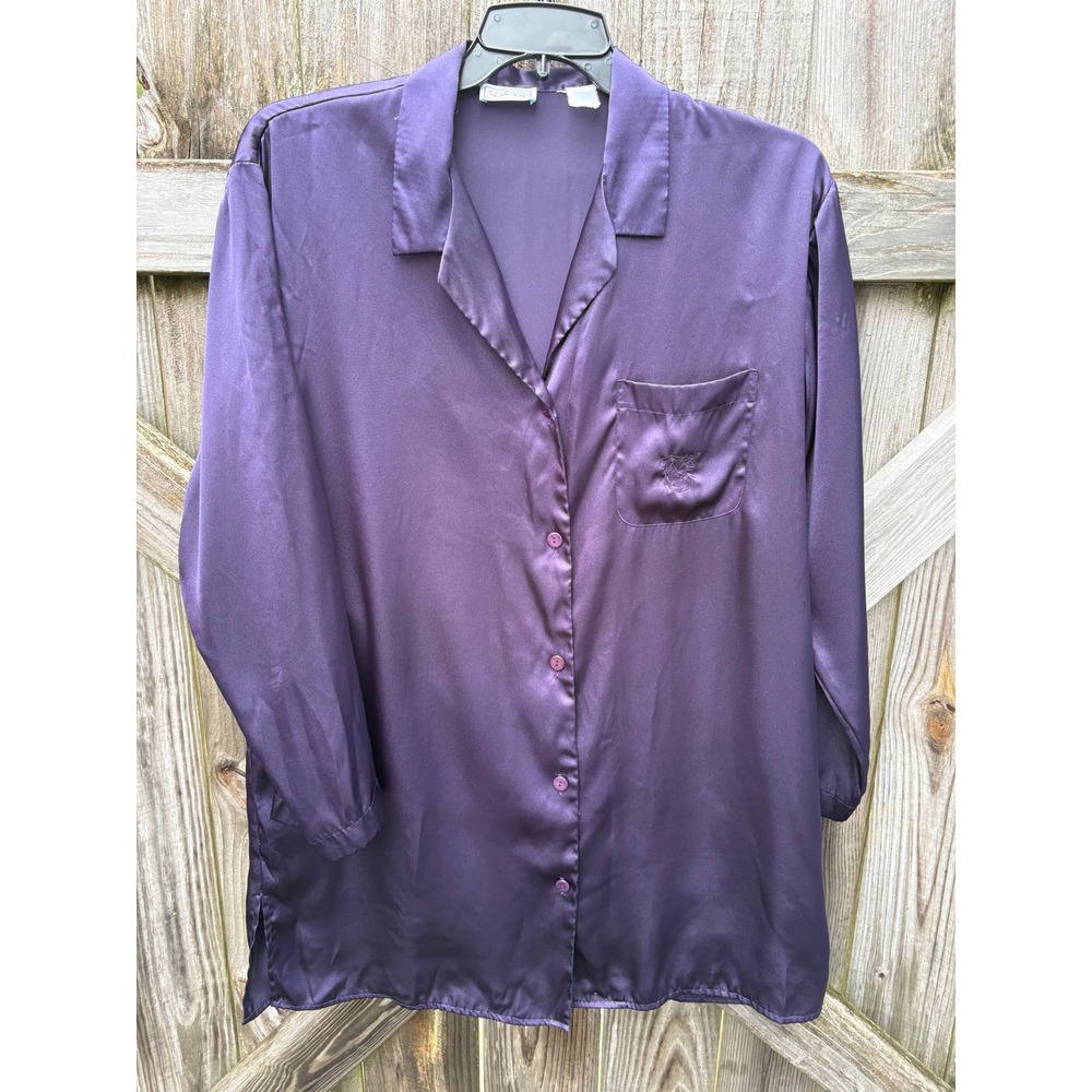 Etienne Vintage Purple‎ Satin Sleep Shirt Long Sleeve Button Down Nightgown L